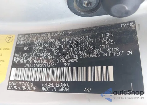 2009 Toyota Highlander z USA, uszkodzony, nr VIN JTEES41AX92112137